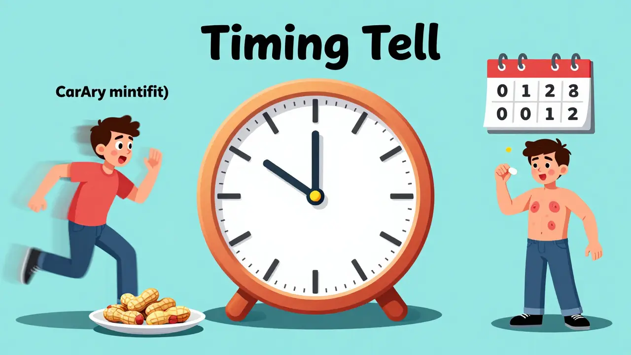 A large clock illustrating the different reaction times for food and medication allergies.