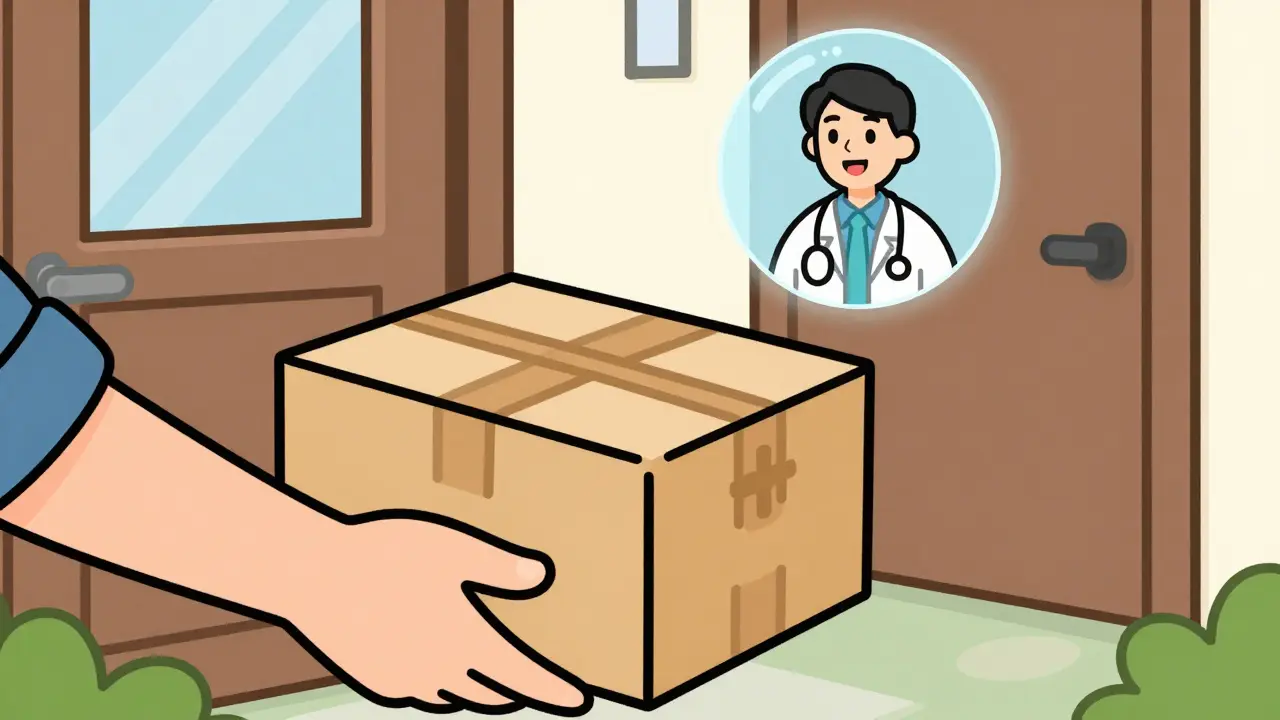 A medicine delivery package arriving at a home with a telemedicine doctor icon