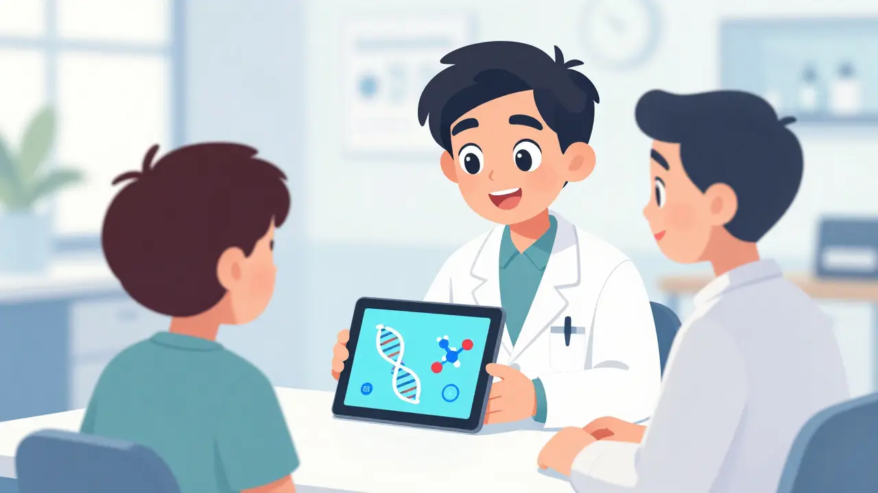 An allergist explaining advanced allergy testing to a patient using a digital tablet.