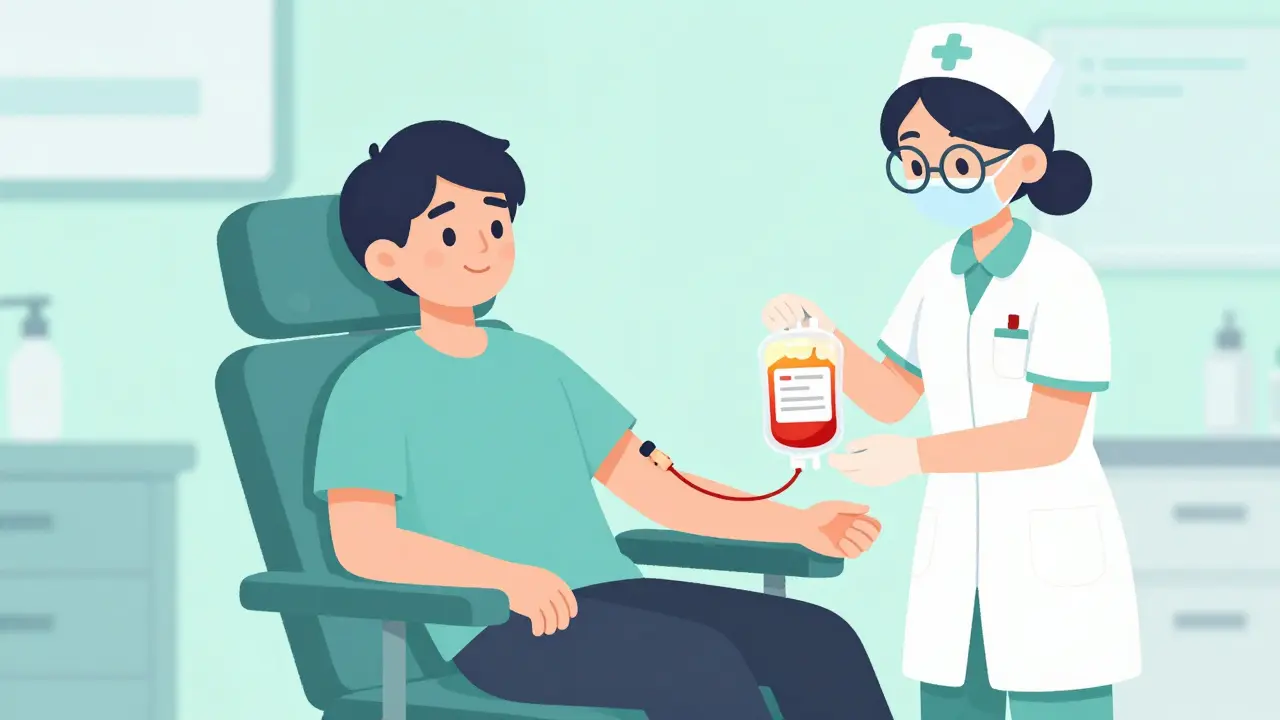 Cartoon depiction of a patient smiling during a phlebotomy treatment at a medical clinic.