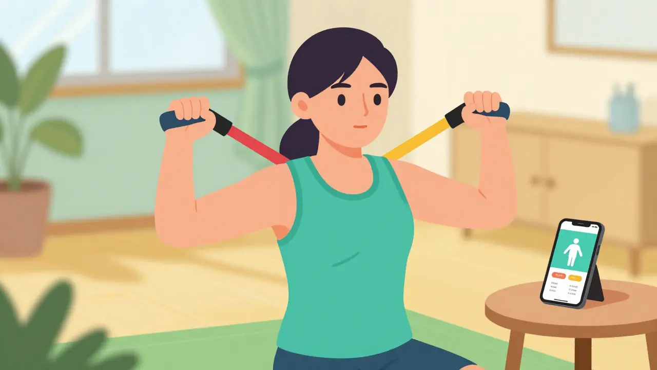 Cheerful cartoon character using a resistance band for shoulder rehabilitation exercises.