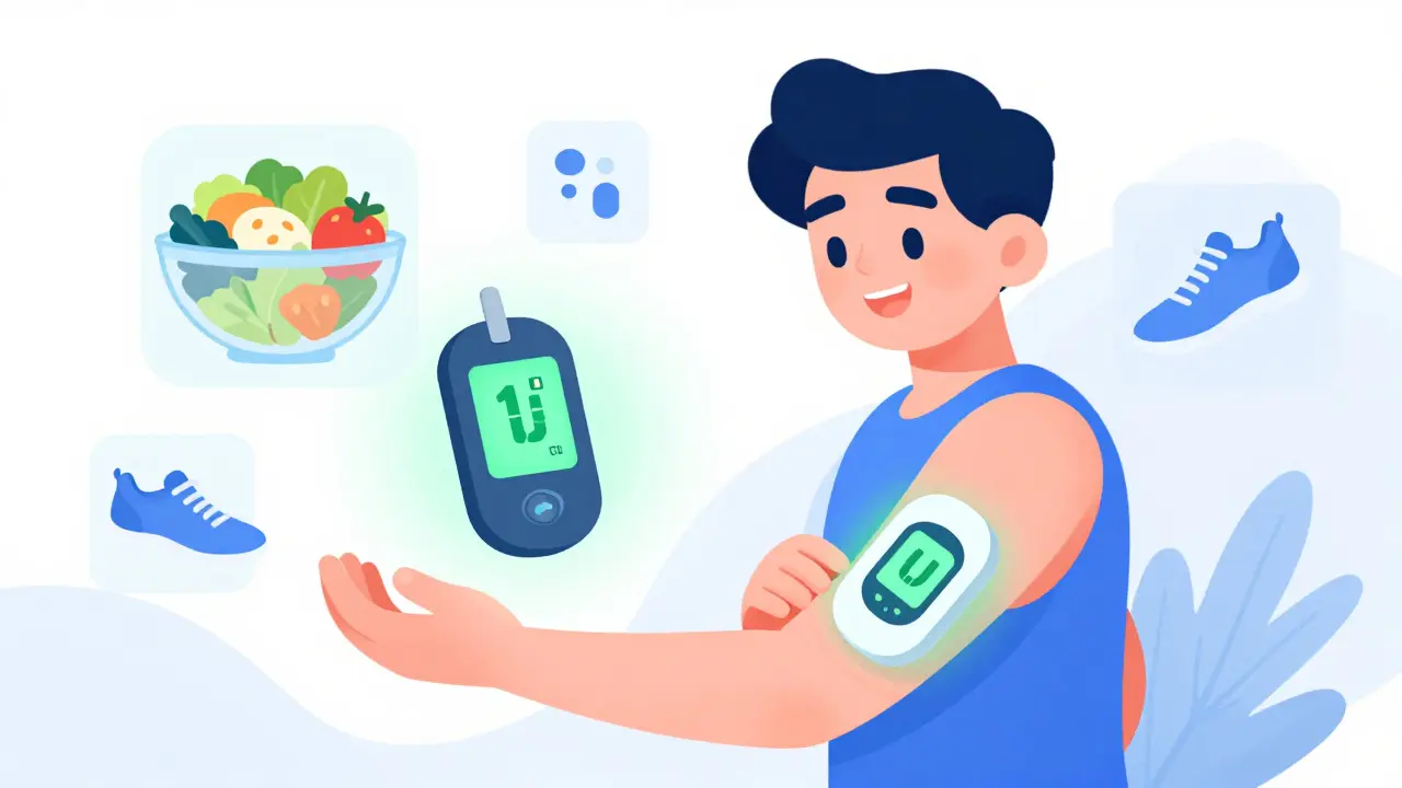 Cheerful person using a wearable glucose monitor surrounded by healthy lifestyle icons.