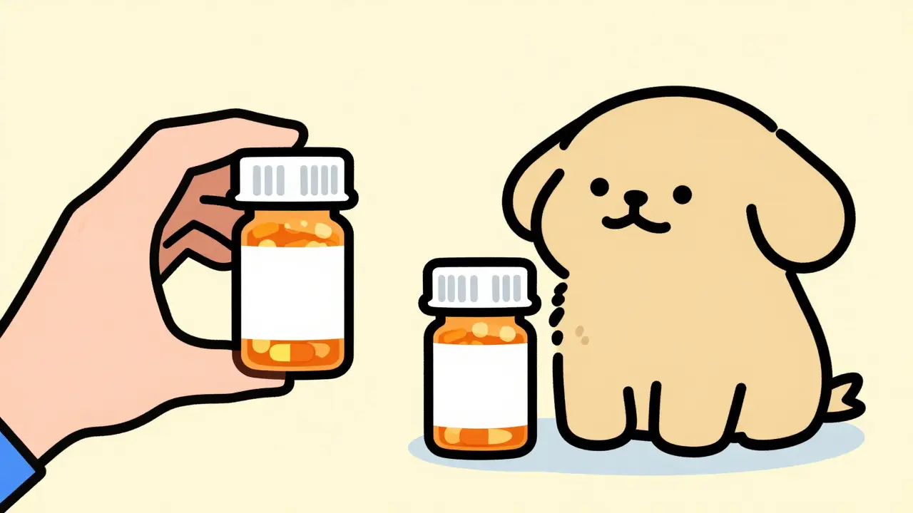 Comparison of medication for a human and a cute dog