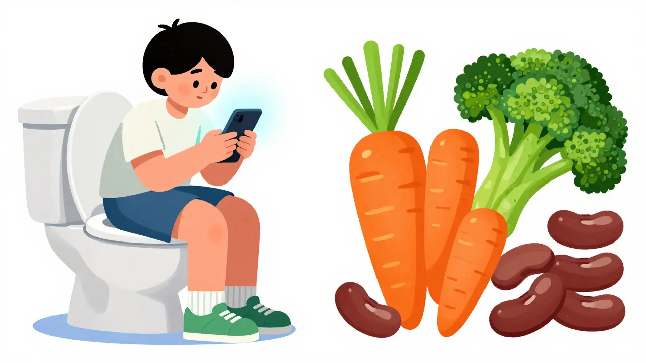 Comparison of sitting on a toilet with a phone versus high-fiber foods