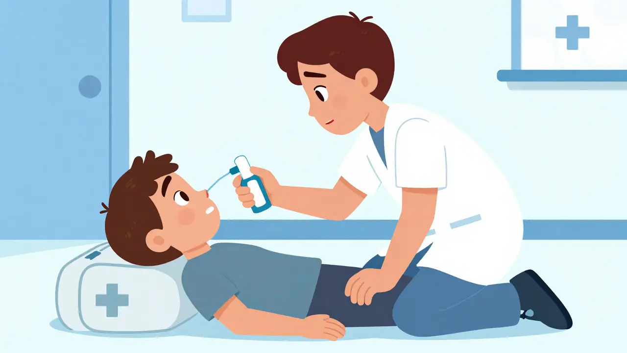 Friend administering nasal spray during an emergency.