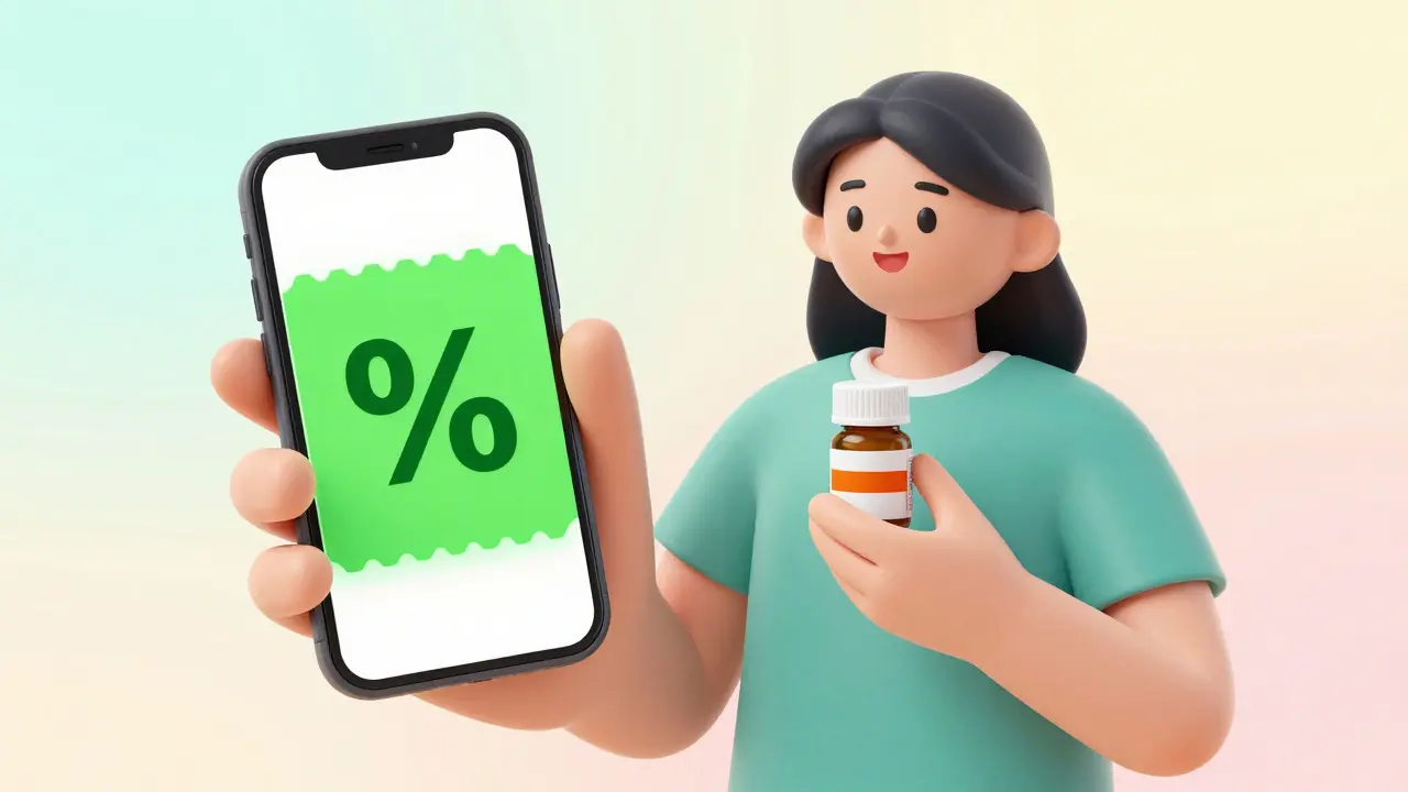 Happy person using a smartphone app to find a discount on medicine