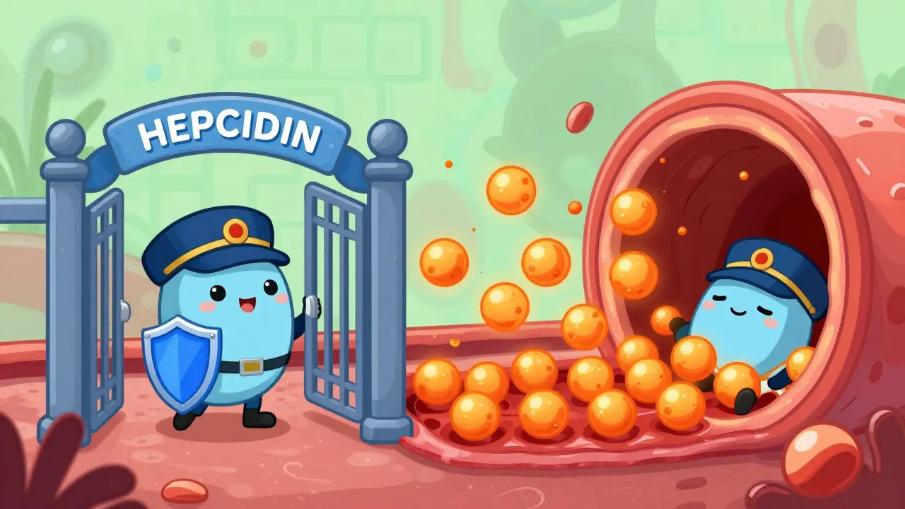 Illustration showing a missing gatekeeper hormone allowing iron to flood into the bloodstream.