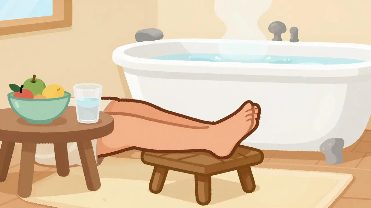 Person using a footstool for better posture with water and fruit nearby