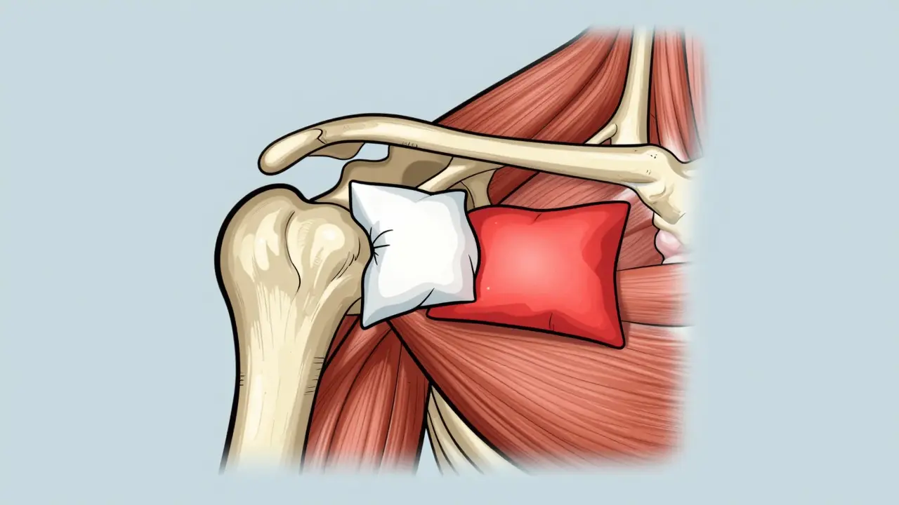 Stylized diagram of a shoulder joint showing an inflamed bursa acting like a swollen pillow.