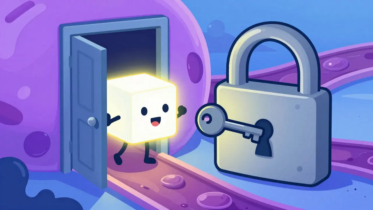 Stylized illustration of a glucose molecule unable to enter a cell due to a broken insulin lock.