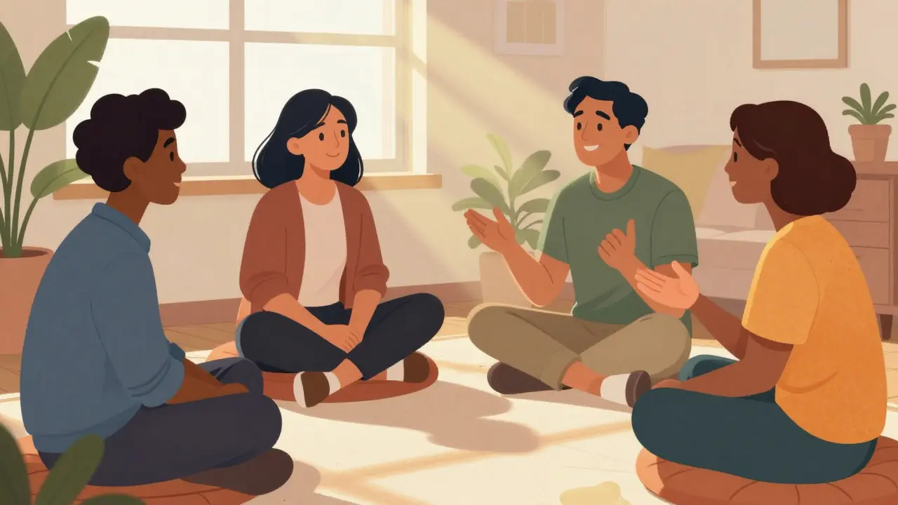 Support group meeting in a sunny living room.